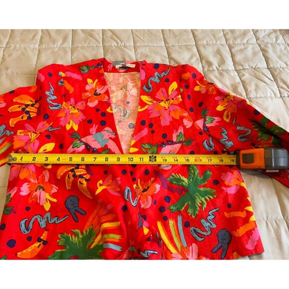 Maison D’Amelie LINEN Tie Front Blouse Womens M Red Floral Abstract Boho Cropped - Picture 3 of 7
